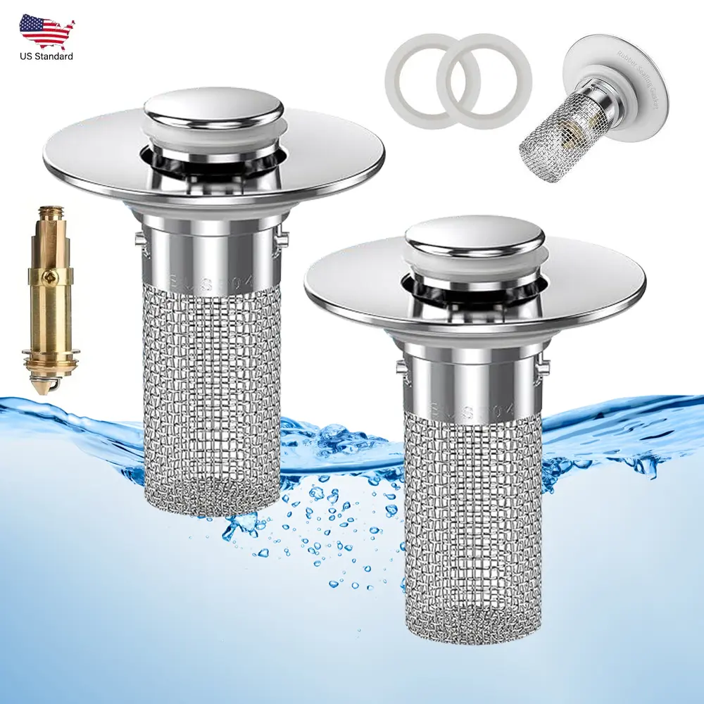 Universal Multi-Size Bathroom Sink Drain Strainer, Brass Construction Pop Up Stopper Equipped with Detachable Stainless Steel Hair Catcher Basket, Thick Sealed Rubber Anti-Odour Drain Plug
