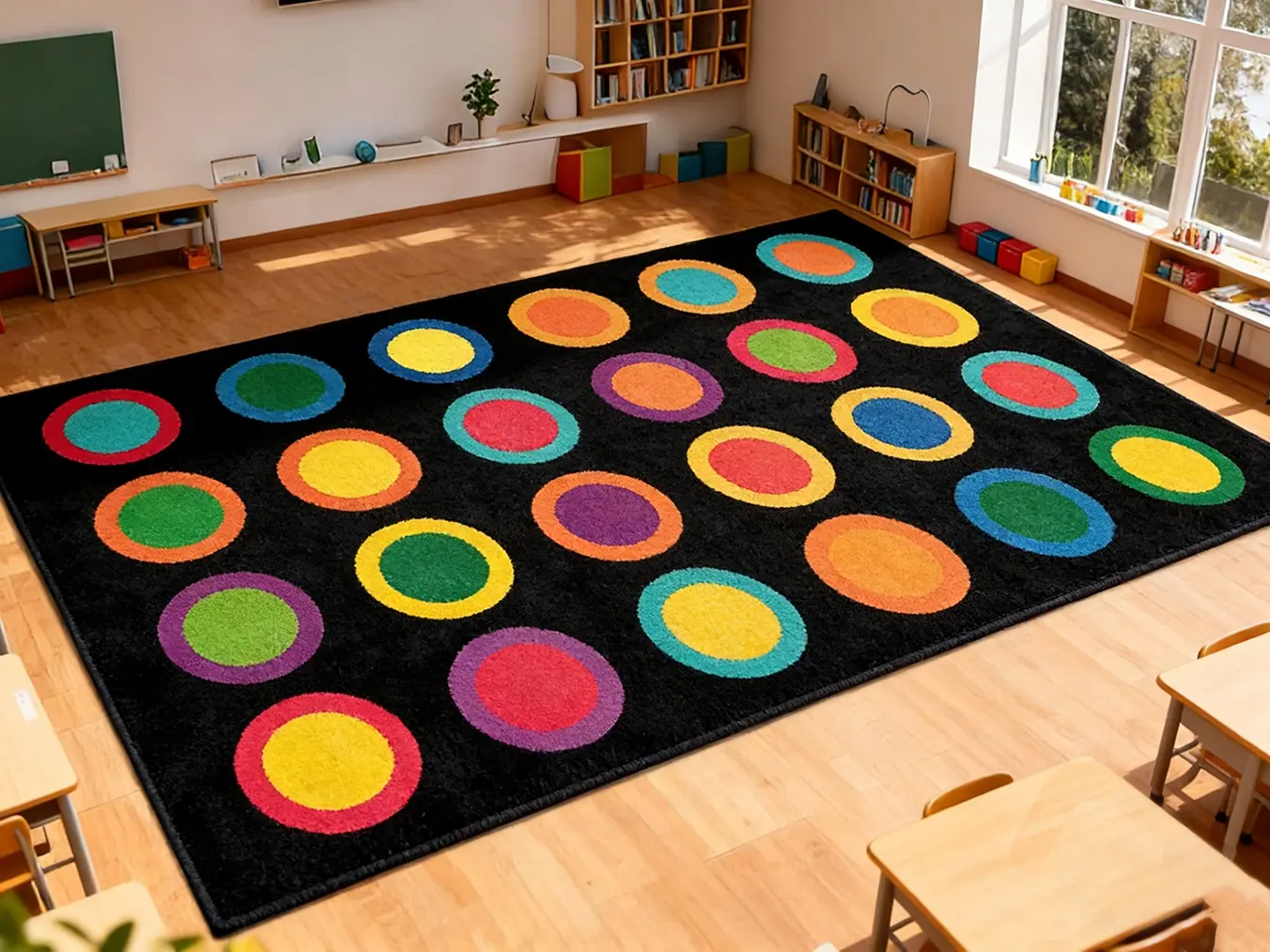 Large Classroom Rugs Elementary with Colorful Rings,Classroom carpet for Preschool Kindergarten,Educational Rugs for Daycare Kids Room Teaching & Playroom,13'x7'7'',Seats 24 (Black)