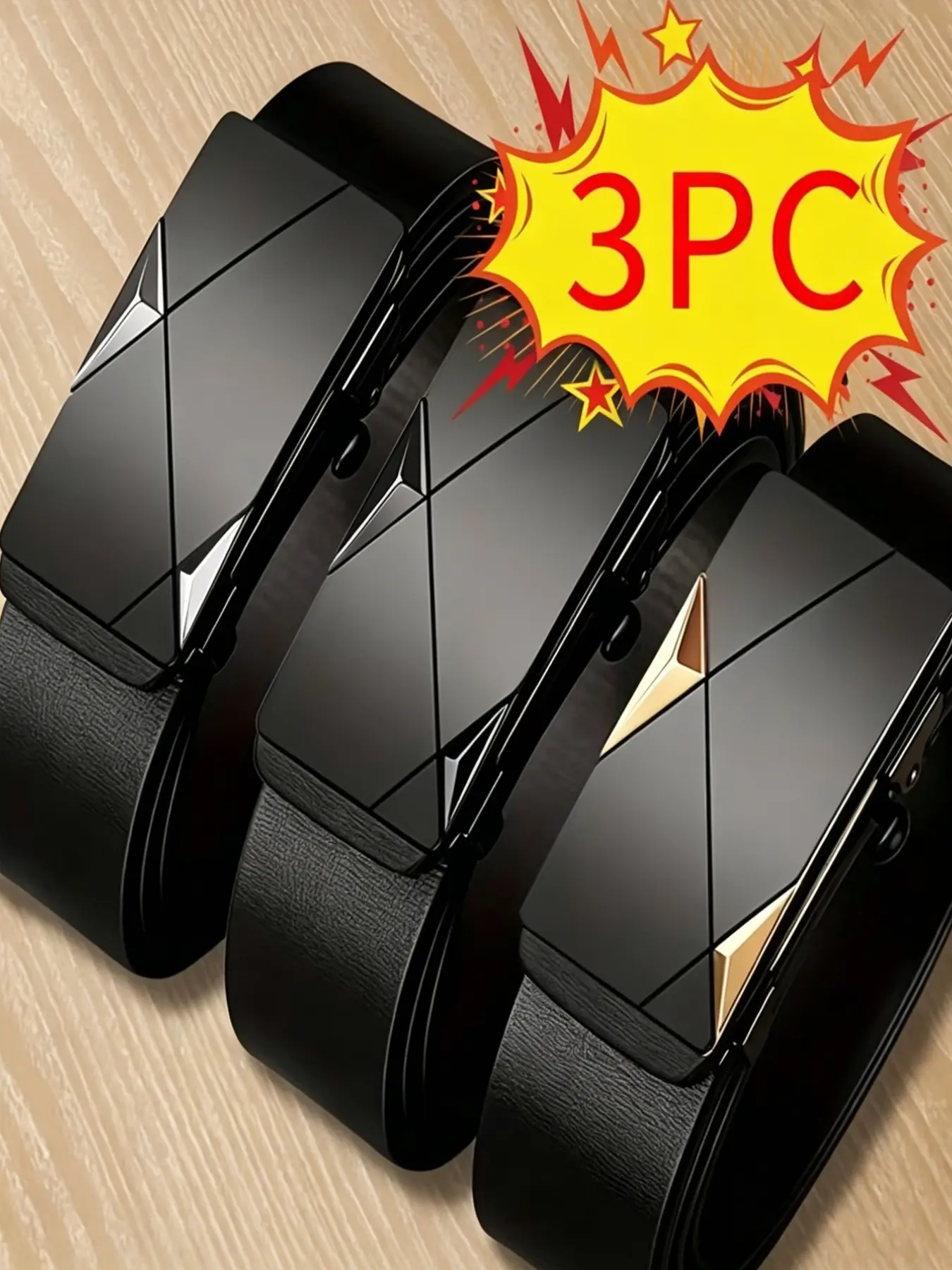 3pcs Belt Set for Men, New Model Without Teeth, Automatic Buckle Waist Belt, Adjustable Belt, Everyday Belts, Business and Leisure, No Leakage Tail Strap