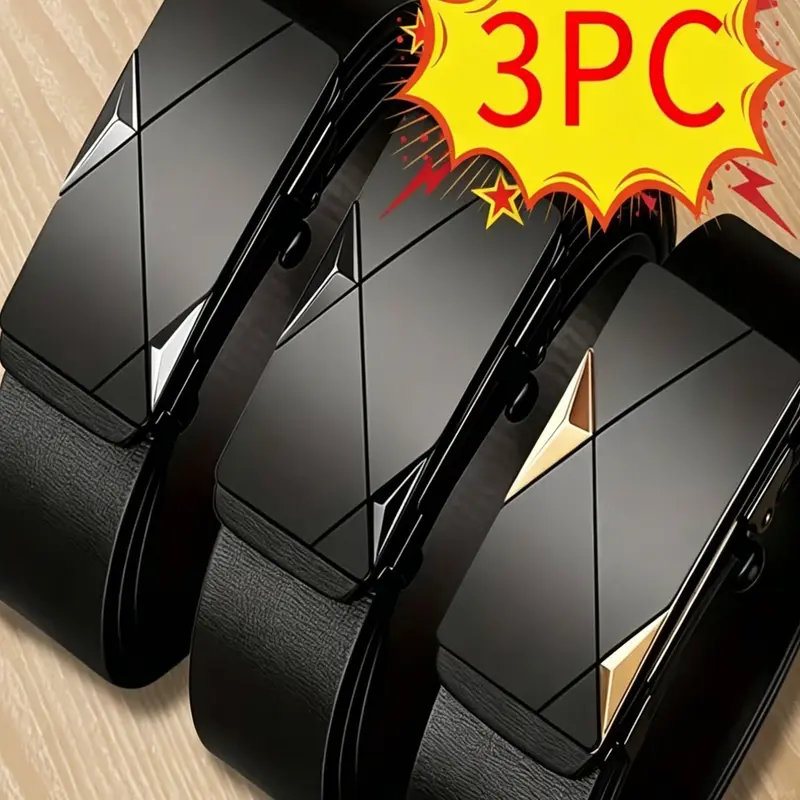 3 Counts Hidden‑Tail Design Belt Set for Men, Belt With Buckle, Toothless Automatic Ratchet Buckle Waist Belt, Adjustable Belts for Daily Outings, Business Occasions and Casual Gatherings