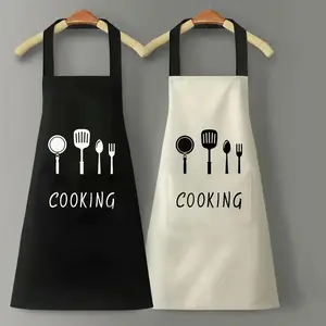 Cooking Letter & Tableware Pattern Apron, 1 Count Waterproof & Oil Proof Apron with Pocket, Kitchen Utensils for Cooking Lovers, Kitchen Cooking Aprons