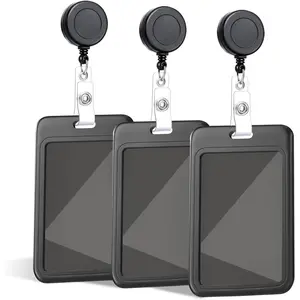 Set of 3 count Sliding ID Card Hard Black Vertical Plastic Card Protective Case with Telescopic ID Holder, Suitable for Access Control Cards, Work Cards, Teachers, Students and Other Occasions.