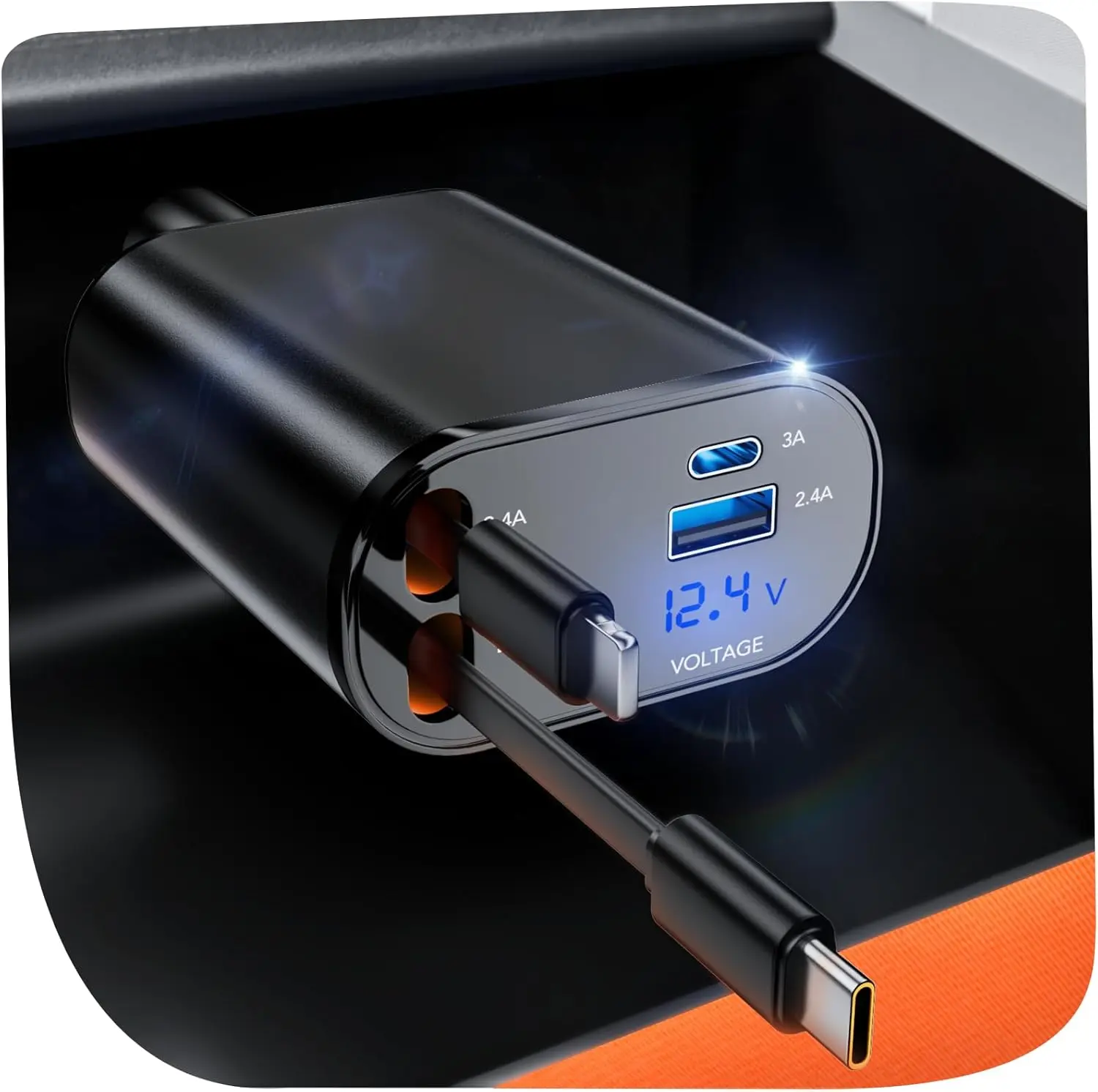 SPGUARD Retractable Vehicle Car Charger - 66W High Power Fast Charge, 2 Retractable Cables, 2 USB Ports Adapter, Multi-Protocol Support, Convenience for iPhone 17/16/15