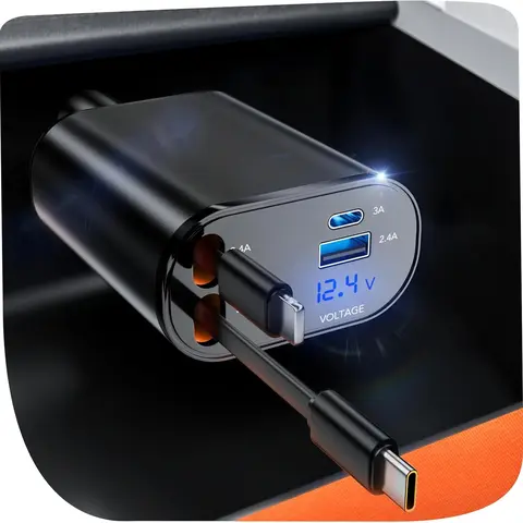 SPGUARD Retractable High-Power Vehicle Car Charger - 66W Fast Charging Adapter with Convenience, 2 Retractable Cables (iPhone+Type-C), Dual Ports, Multi-Protocol Support, 12v-24v Car Accessory for iPhone 17/16/15, Android