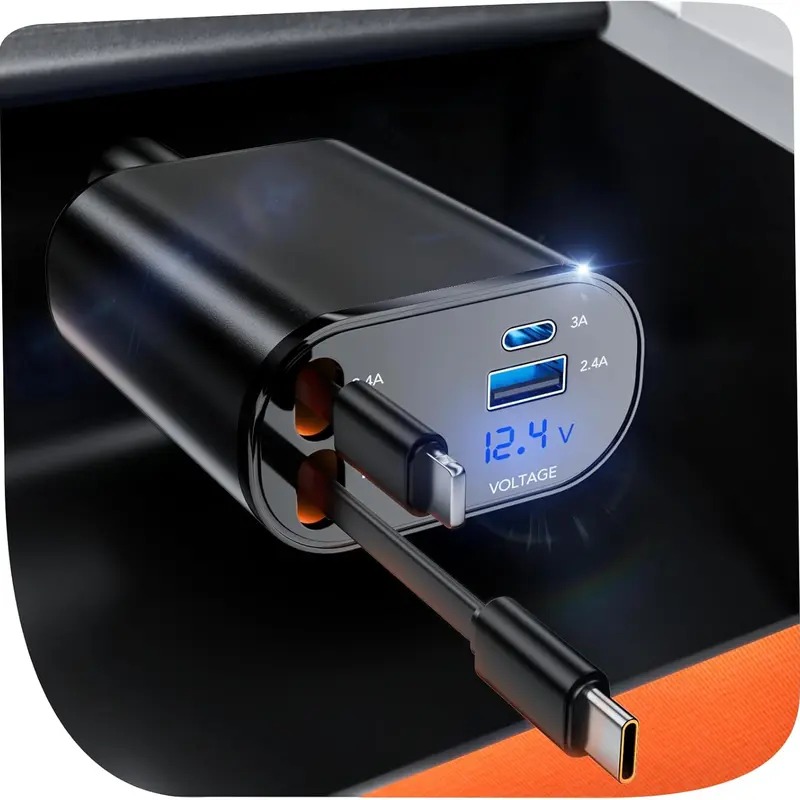 SPGUARD Retractable High-Power Vehicle Car Charger - 66W Fast Charging Adapter with Convenience, 2 Retractable Cables (iPhone+Type-C), Dual Ports, Multi-Protocol Support, 12v-24v Car Accessory for iPhone 17/16/15, Android
