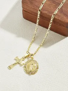 Women's Elegant Jesus Cross & Guadalupe Medal Pendant Necklace, Religious Necklace, Gothic Style 14k Christian Jewelry Gift, Statement Necklace