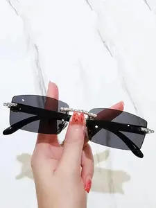 Summer Square Rhinestone Design Frame Sunglasses, New Personality Travel Accessories for Women & Men, Lightweight Durable Protection Glasses for Daily Use, Modern Trendy Sunglasses