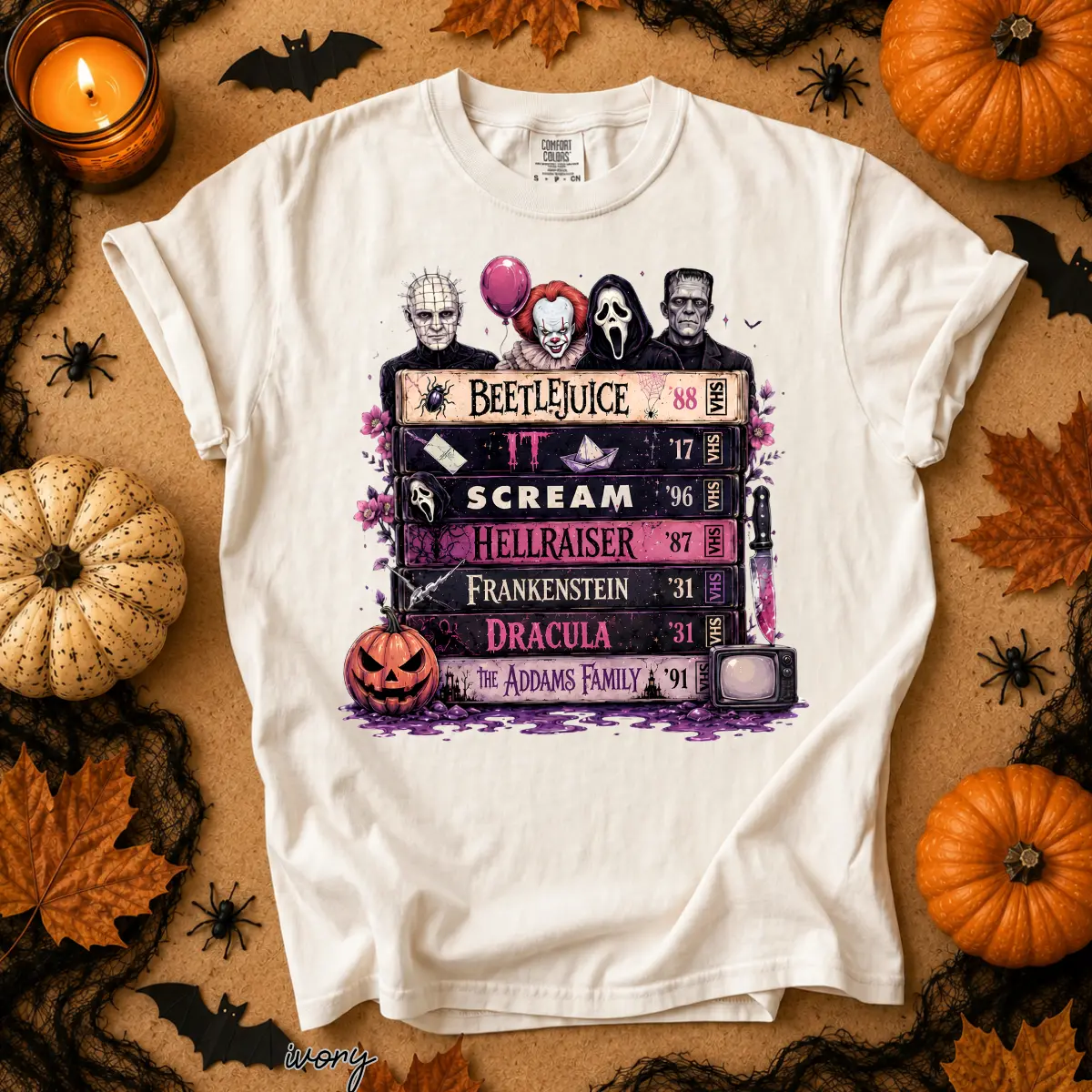 Comfort Colors Horror Movie VHS Book Stack Graphic T-Shirt, Beetlejuice Scream Hellraiser Frankenstein Dracula Tee