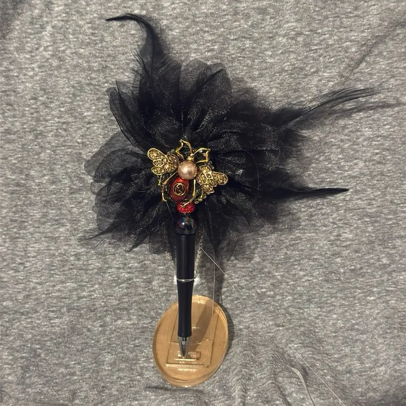Beaded Bee Pen - Custom Gifts Journal Collect with Black Feather Accent, Decorative Bead, and Gold Accents
