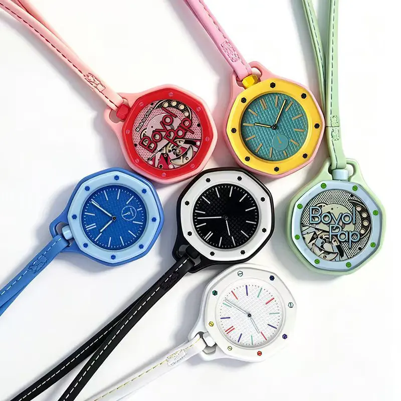Trendy Color Block Octagon Hanging Pocket Watch, Soft Leather Neck Strap, Unique Pop Cartoon Hollow Back Design, Minimal Grid Dial Quartz Pendant Watch, Multicolor Macaron Style Necklace Watch Ideal Gift for Teens Men Women