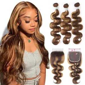 Highlight Colored Human Hair Bundles with 5x5 Closure P4/27 Body Wave Bundles with Lace Closure Honey Blonde Brown Hair