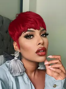 pixie cut human hair wigs short straight human hair wig machine made for women daily party cosplay gift use Party holidays gift wig pixie cut wig ﻿brown burgundy natural black color