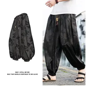 2025 Men’s Outdoor Ice Silk “Dragon Dark Flower” Loose-Fit Wide-Leg Casual Trousers, High Quality, Male Fashion