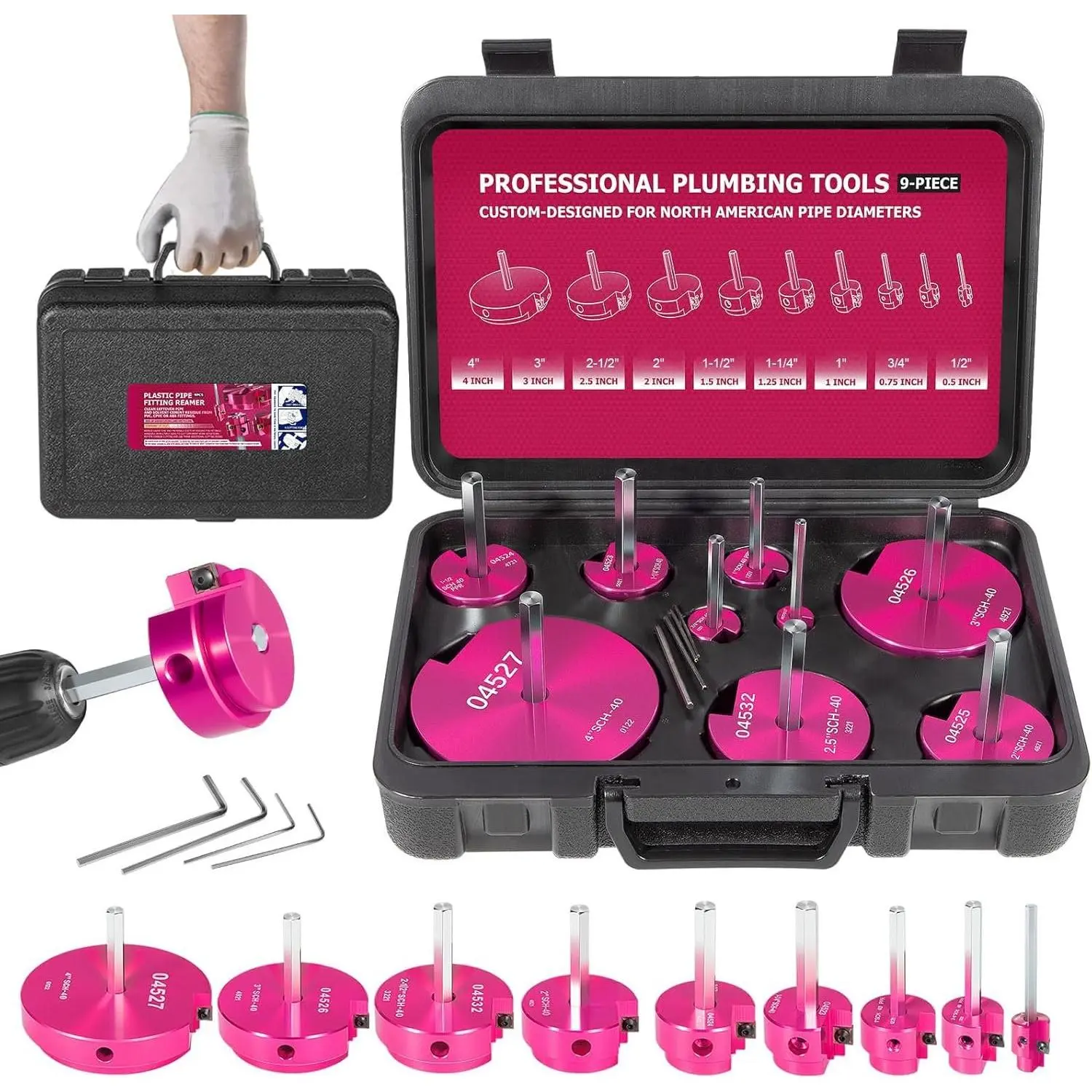 9- PVC Pipe Reamer Kit, Includes Sizes 1/2", 3/4", 1", 1-1/4", 1-1/2", 2", 2-1/2", 3", 4", For Standard 1/2" Drills, Ideal for PVC, CPVC, ABS Pipes,  for Plumbing Repairs