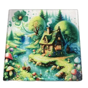 Mystical St Patrick’s Day Cottage Sublimation Design Frosted Glass Cutting Board for Kitchen - 8x8 - Chopping