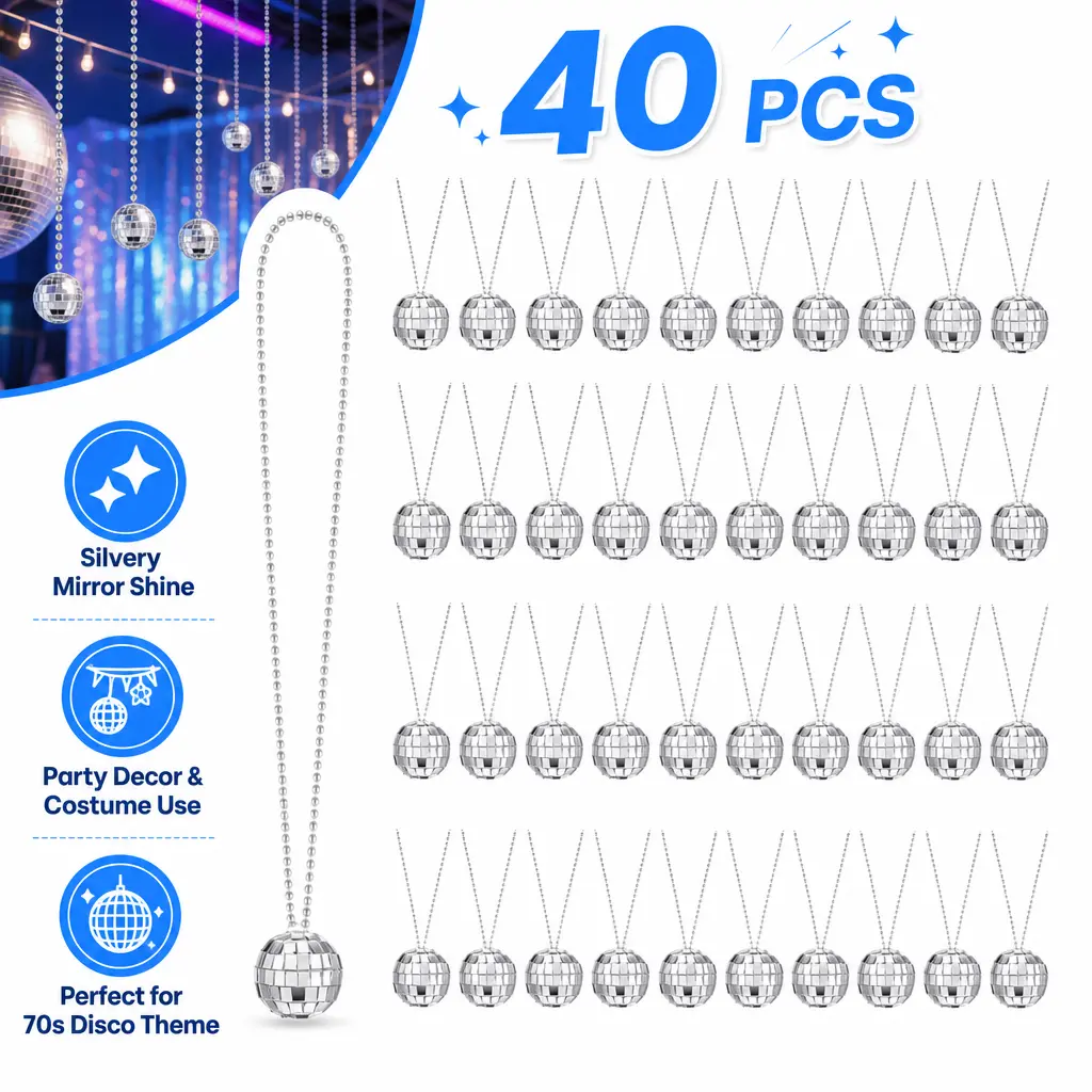 40 Pcs Mirrorball Necklaces Set, Retro 70s Style Mirrored Plastic Jewelry, Unisex Long Hanging Bling Costume Accessories for Parties, Disco Ball, Blingbing, Hanging Disco Balls, Party, Pendant, Silvery, 70S Dancing, Festive Atmosphere, 70S Party Theme