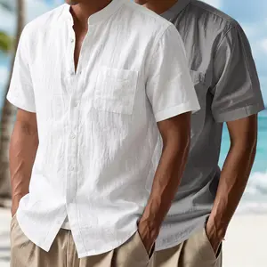 2-pack men’s casual linen short-sleeve shirts with a stand collar and single-button front, summer beach shirts with pockets; lightweight, breathable cotton-linen tops suitable for vacations, everyday wear, commuting, and outdoor activities., Shortsleeve,,
