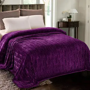 Flannel Queen Size for, Fluffy Velvet Bedspread Coverlet with Decorative Vintage Pattern for, Warm and Lightweight, 90x90 Inch, Purple