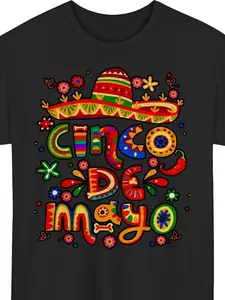 Men'S Vibrant Cinco de Mayo T-Shirt |   Casual Crew Neck, Short Sleeve, with Stretch, Regular Fit, Colorful Sombrero & Floral Print for Summer