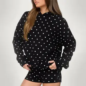 Women's Autumn New Product White Polka Dot Hoodie and Shorts Set Matching Womenswear