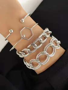 Ligui 4 Pcs Silver Bracelet Set Layered Chain and Minimalist Bangle Bracelets Fashion Jewelry Gift and Daily Wear for Women