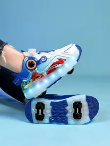 Boys' Roller Skating Shoes with Rotatable Buckle, Night Glowing Color Changing LED Lights, Waterproof Leather Casual Sneakers