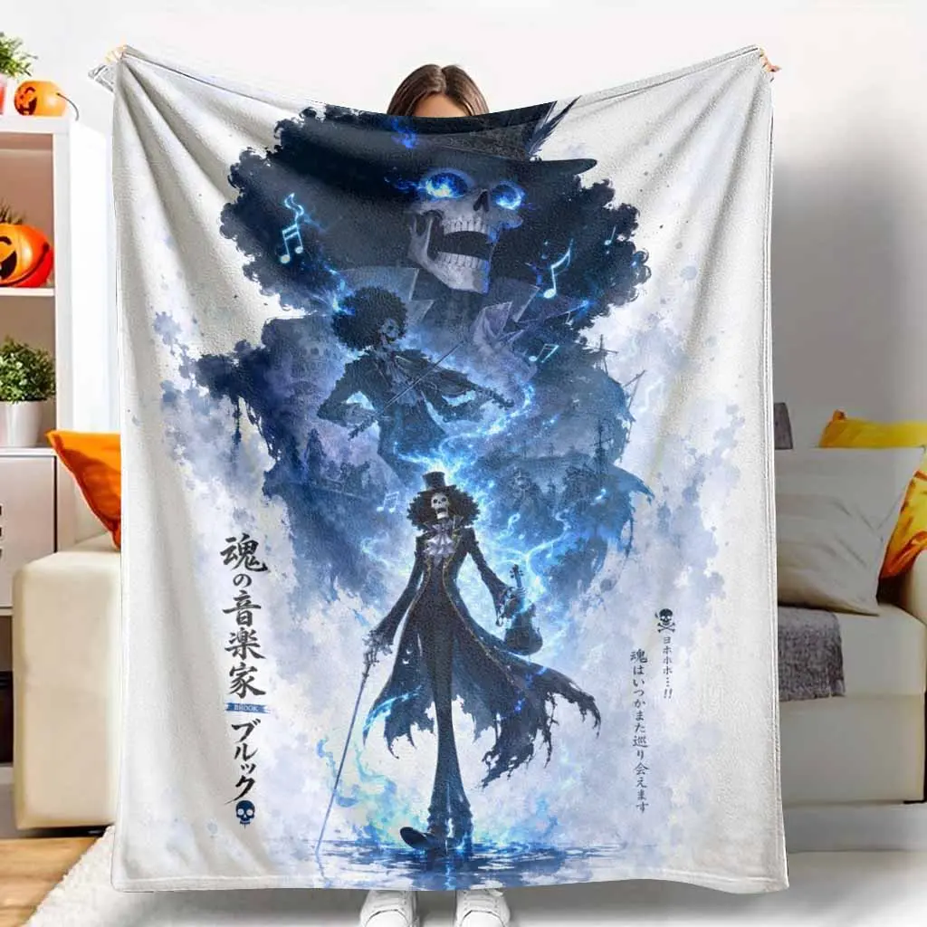 Skeleton Musician Brook Anime Silhouette Graphic Flannel Blanket - Ultra Soft, Warm, Lightweight, Breathable Plush Throw - Decorative Bedspread Ideal for Living Room Sofa, Bedroom Nap, Birthday Gift