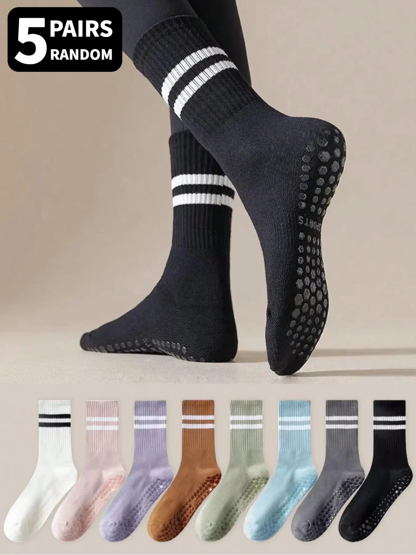 5 pairs of randomly selected colors women's anti-slip socks, suitable for yoga, Pilates, fitness. Moisture-wicking and breathable, these mid-calf socks are perfect for everyday use. Athletic Grip Socks, Sports Socks, Gym Socks, Workout Socks