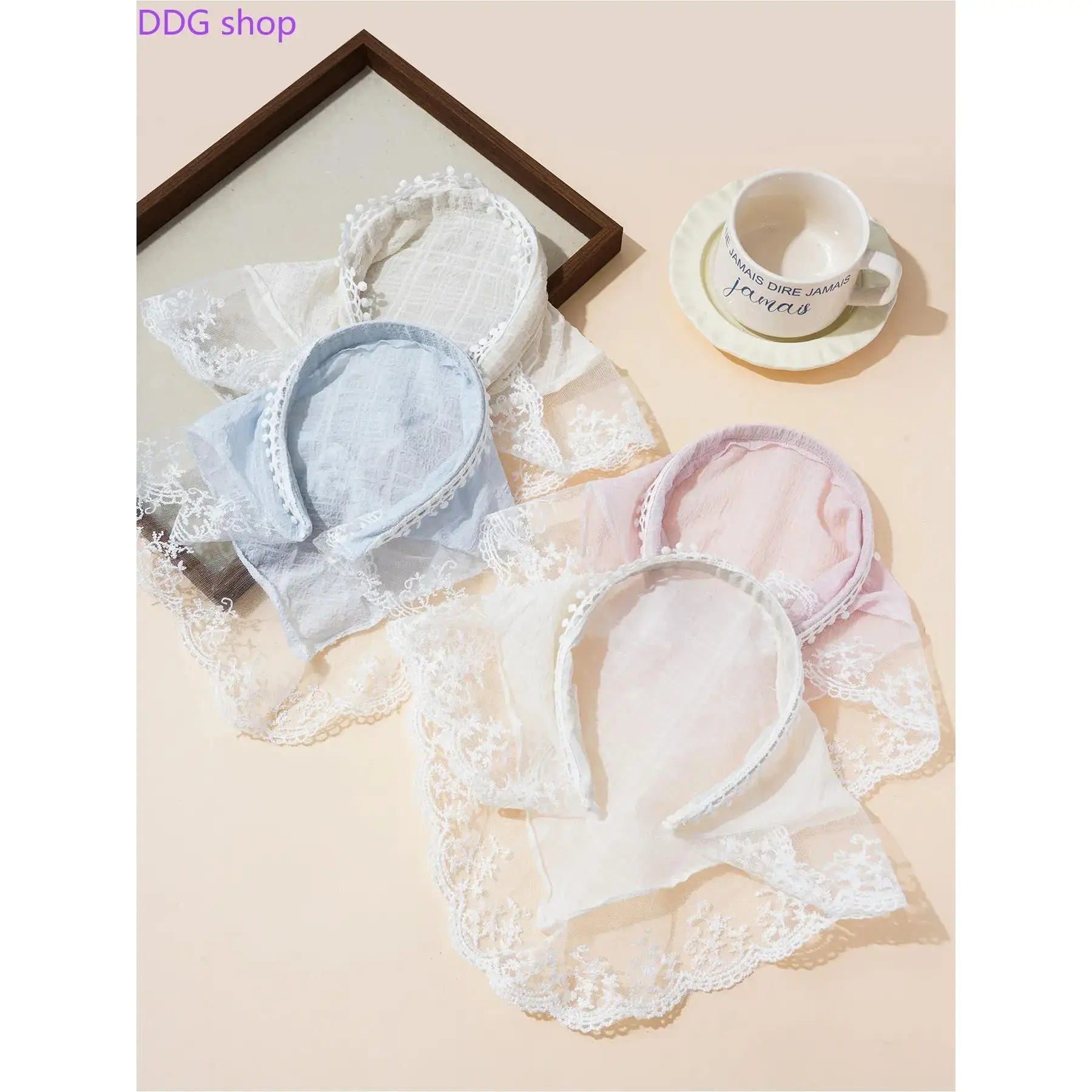 4-Pack Lace Trim Triangle Scarf Headband Embroidered Mesh Fabric Bandana Sweet Solid Color Hair Accessory Versatile Head Wrap for Women Girls Vacation Travel Casual Daily Styling