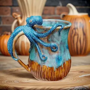 Handmade Octopus Mug, 3D Ceramic Coffee Cup with Tentacles and Whiskers, Fun Tea Cup, 14 Oz Ocean Animal Mug, Perfect Birthday Gift