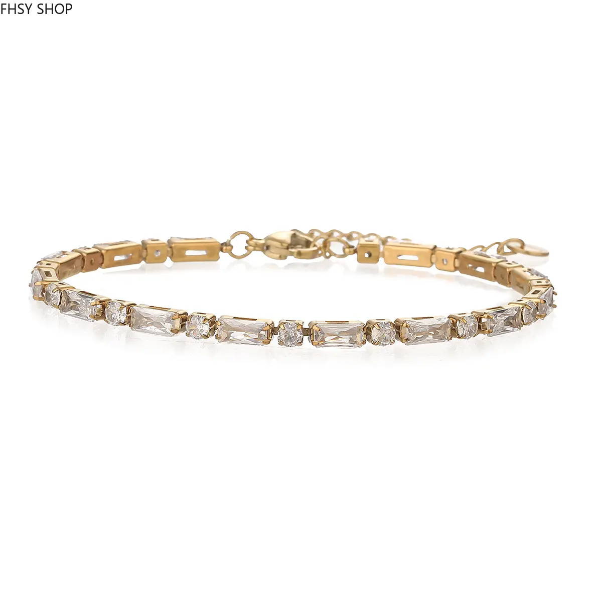 FHSY SHOP 14K Gold Plated Baguette & Round CZ Tennis Bracelet Alternating Cut Crystal Link Chain for Women, Everyday Elegance & Office Style
