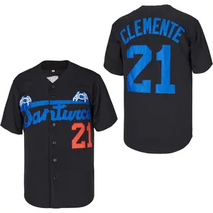 Men's #21 Roberto Clemente Baseball Jersey Santurce Puerto Rico Shirt 100% Polyester Comfortable Sports Top Black with Blue Printing