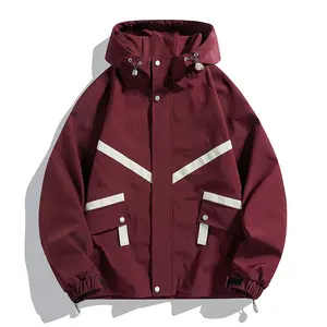 Men's Long Sleeve Softshell Hooded Workwear Jacket - Color Block Splice Design, Reflective Tape, Burgundy, Autumn Casual Stylish Coat