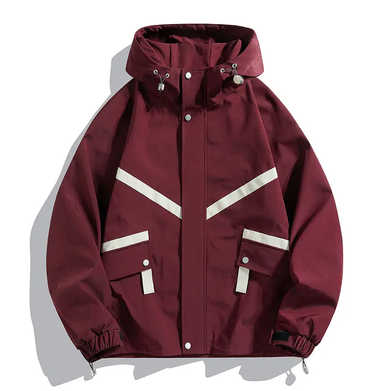 Men's Burgundy Softshell Workwear Jacket - Casual Color-Block Hooded Top with Reflective Tape for Daily Wear, Hooded Workwear Jacket