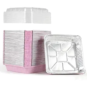 40 Pack 8x8 Square Aluminum Baking Cake Pans with Clear Lids - Pink Foil Pans with Lids - Disposable Food Containers Great for Cooking, Heating, Storing, Prepping Food Cookware