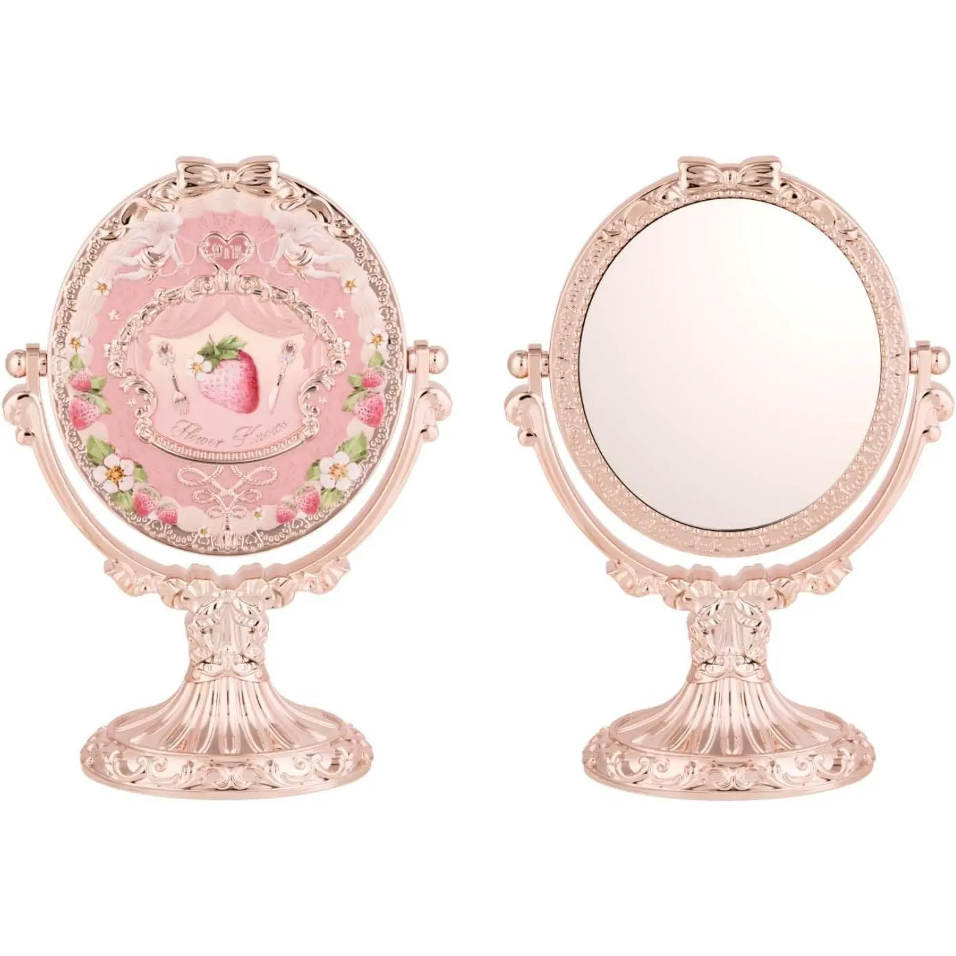 Flower Knows Anniversary Vanity Mirror, Strawberry Pink Rococo-Inspired Tabletop Makup Mirror with 360° Rotation & Stable Metal Base, Vanity Decor Gift