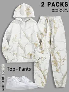 Women's Camo Hoodie Set with Kangaroo Pocket and Fleece Lining, Long Sleeve + Warm Pants, Drawstring Adjustable Comfort, Fashionable Style, Womenswear