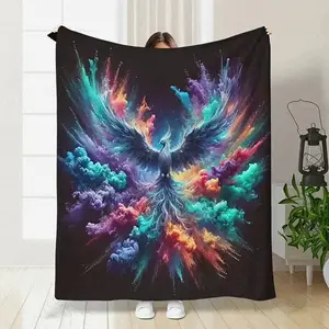 [Vintage Double-Sided Fluffy Fleece Bedding] 1pc Vintage Fantasy Phoenix Print Flannel Blanket - Reversible All Seasons Machine Washable Digital Print 250-300 GSM Polyester Double-Sided Fluffy Fleece Sherpa Bedding