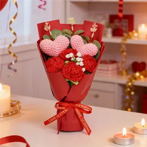 Handmade Knitted Yarn Artificial Flower Bouquet, Heart and Rose Flowers, Perfect Gift for Valentine's Day Mother's Day Thanksgiving