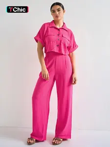 Women's Casual Collared Flap Pocket Short Sleeve Top & High Waist Trousers Co-ord Clothes Matching Clothing Set