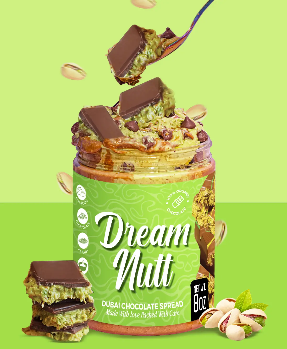 Dubai Chocolate in a Jar - Pistachio Treat Crunchy Dessert with hazelnut Chocolate Butter, 8oz Jar, All Ages, Snack Sweet