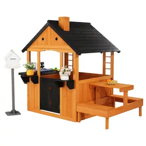 JOYMOR Kids Outdoor Playhouse - Wooden - Cottage with Sink Toys, Picnic Table Set, Mailbox, Flowerpot Holders, Kids Wooden Playground for Age 3-8 DIY Backyard
