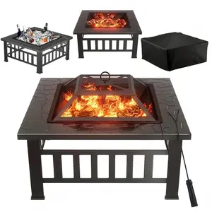 Portable Outdoor Square Fire Pit with Mesh Lid and Poker, Heavy-Duty Metal Patio Heater, Black