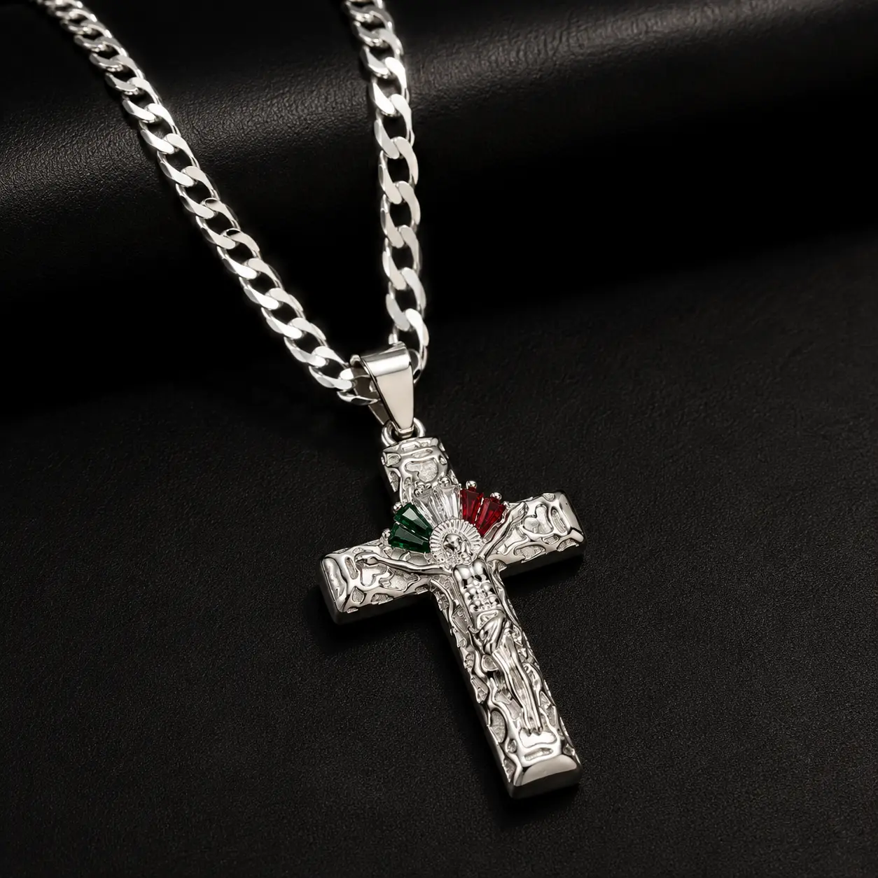 Mexican Flag Crucifix Pendant Zirconia with Flat Cuban Chain 24” in Silver Plated 925