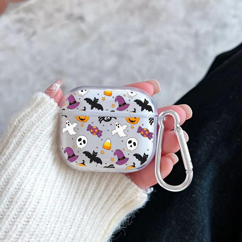 Halloween Fantasy Pattern Protective Case for AirPods 4/3/2/1/Pro/Pro2 Soft TPU Earphone Cover, Transparent with Keychain