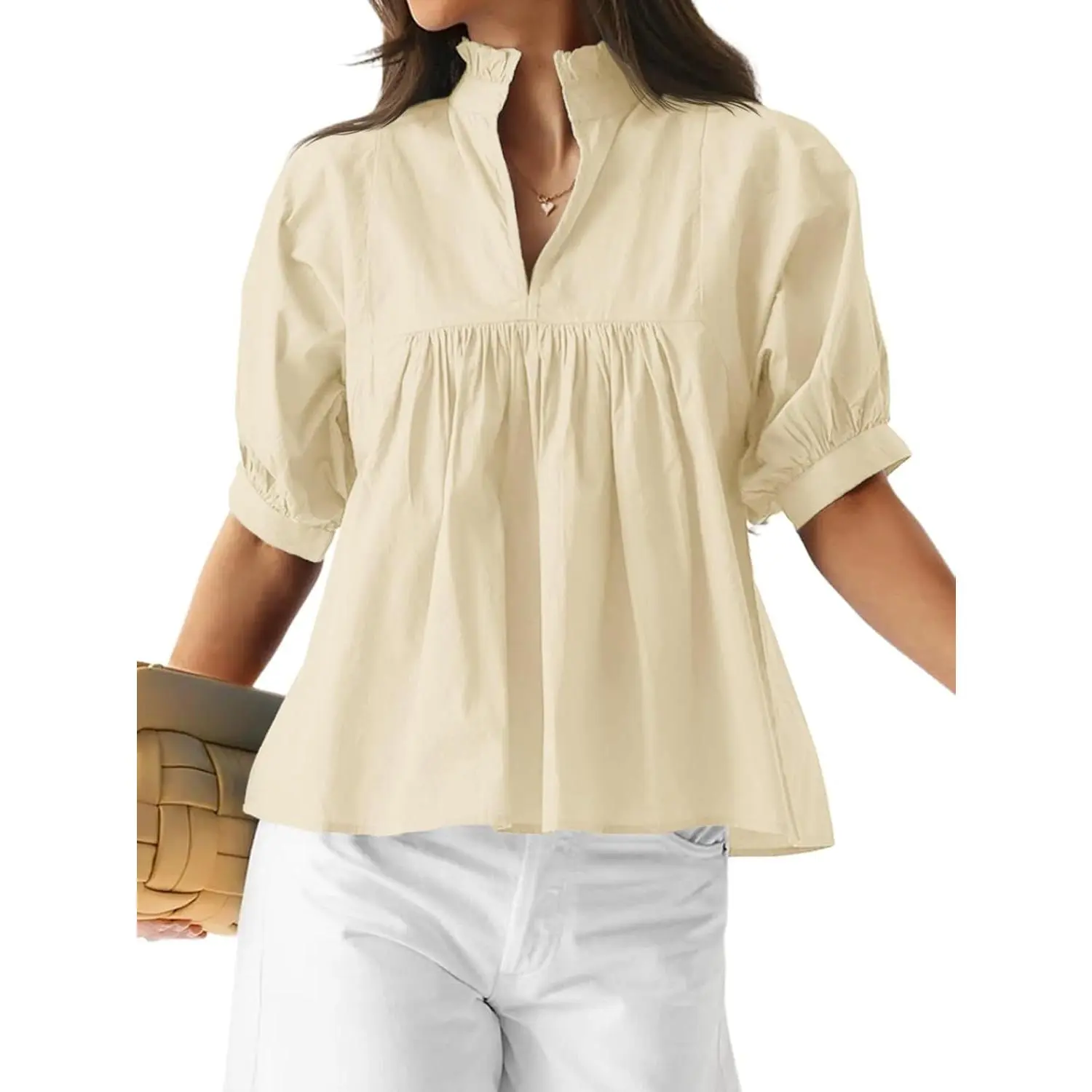 Imily Bela Womens Puff Sleeve V Neck Blouse Babydoll Peplum Tops Dressy Casual Pleated Loose Fit Shirts