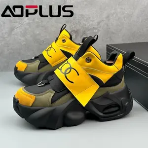 AOPLUS The new men's high-heeled platform shoes feature a color-coordinated design. The sole is made of durable rubber material, making them perfect for outdoor activities. It is a versatile pair of shoes. Both boys and girls can wear it.