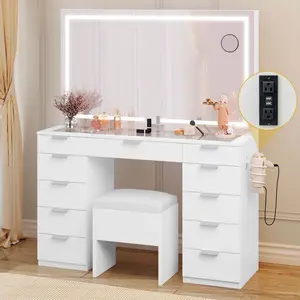 Led Lighted Vanity Set with Sliding Mirror, 11-Drawer Makeup Dressing Table