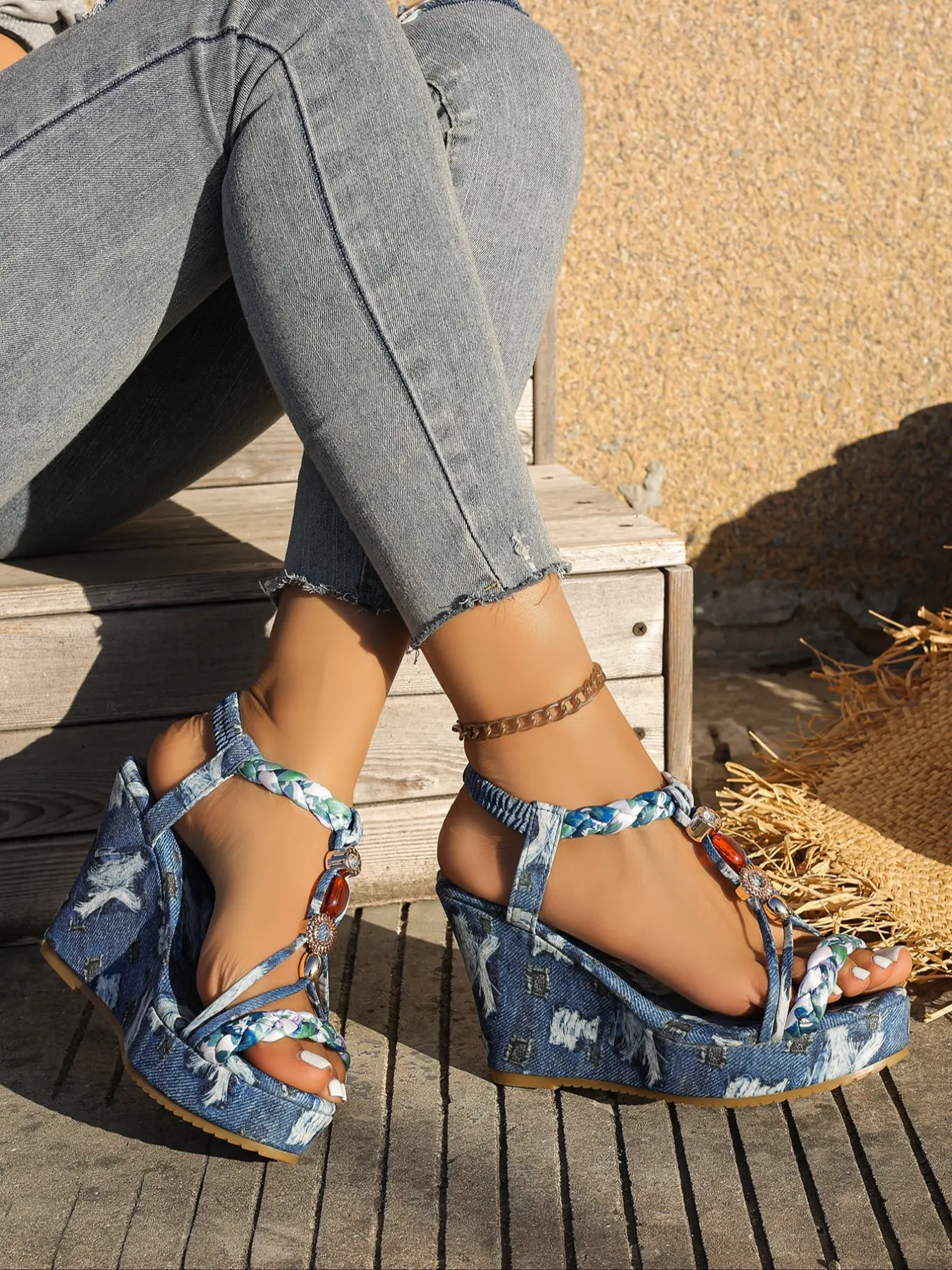 New Denim Wedge Sandals for Women, Summer High Heel Fish Mouth Shoes, Woven Strap Thick Sole Roman Flatforms, Ladies Classy Stylish Fashion Footwear, Thick Bottom Shoes, Wedge Heeled Sandals, Fashion Wedges