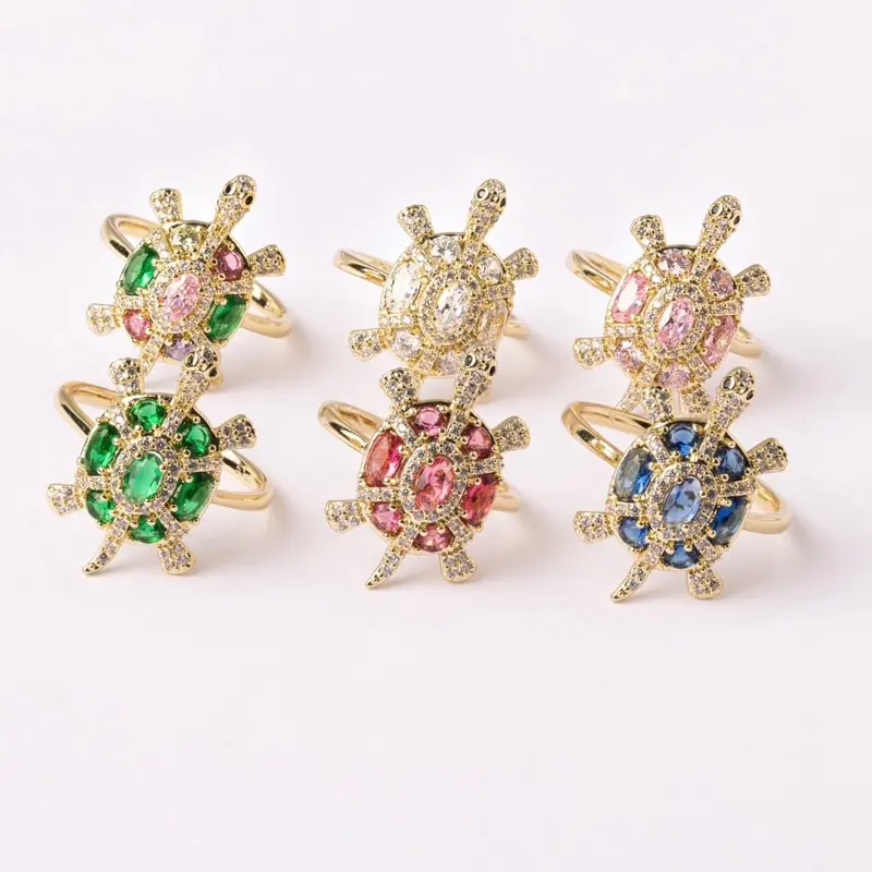 14K Gold Plated Turtle Ring with Sparkling Zircon Stones and Colorful Crystal Details Adjustable Style in Green Pink White and Blue Designs